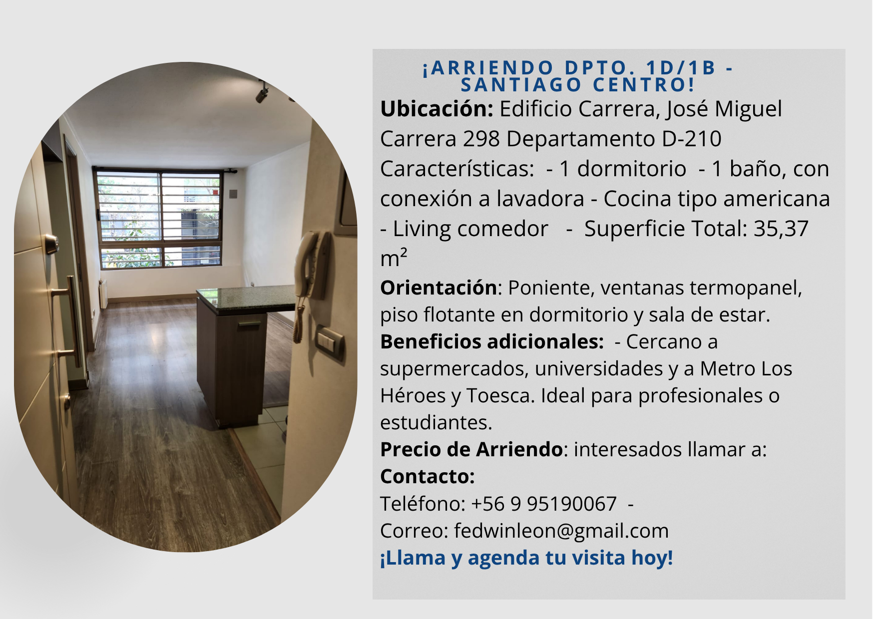 Arriendo Dpto. céntrico 1D/1B con Bodega – Cerca Metro